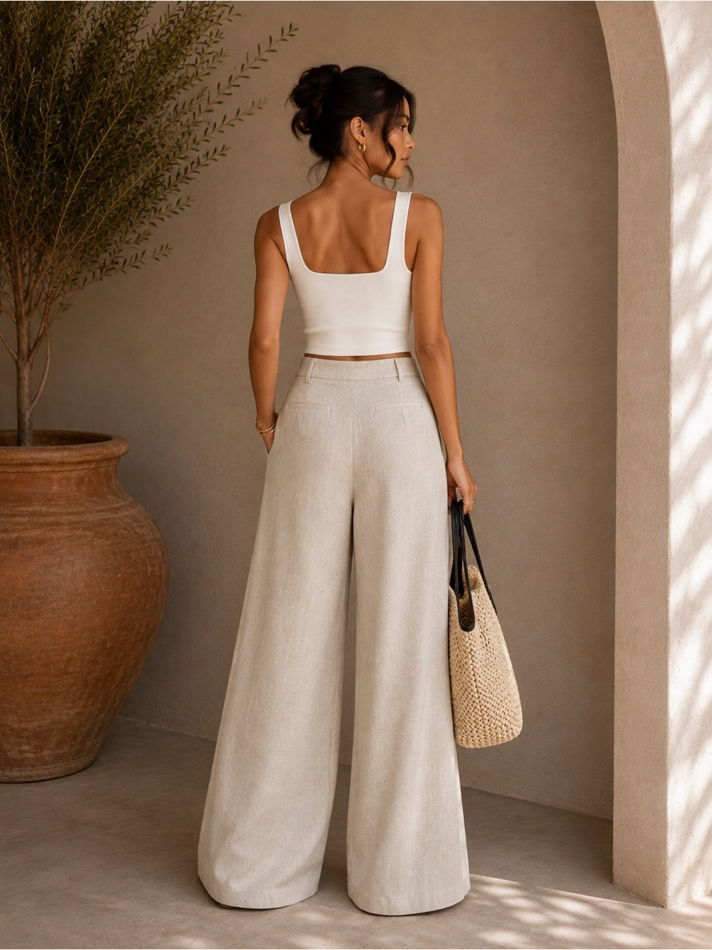 Commense Khaki Linen Blend Wide Leg Pants XS | Quiet Luxury Trousers - Picture 2 of 5